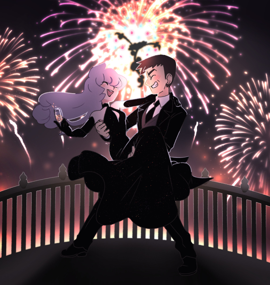1boy 1girl alternate_costume anabel_(pokemon) blacephalon black_dress carrying closed_eyes cup dress fireworks full_body gen_7_pokemon holding holding_cup looker_(pokemon) necktie new_year night night_sky nintendo open_mouth pokemon pokemon_(creature) pokemon_sm princess_carry purple_hair sky sleeveless sleeveless_dress smile ultra_beast vergolophus