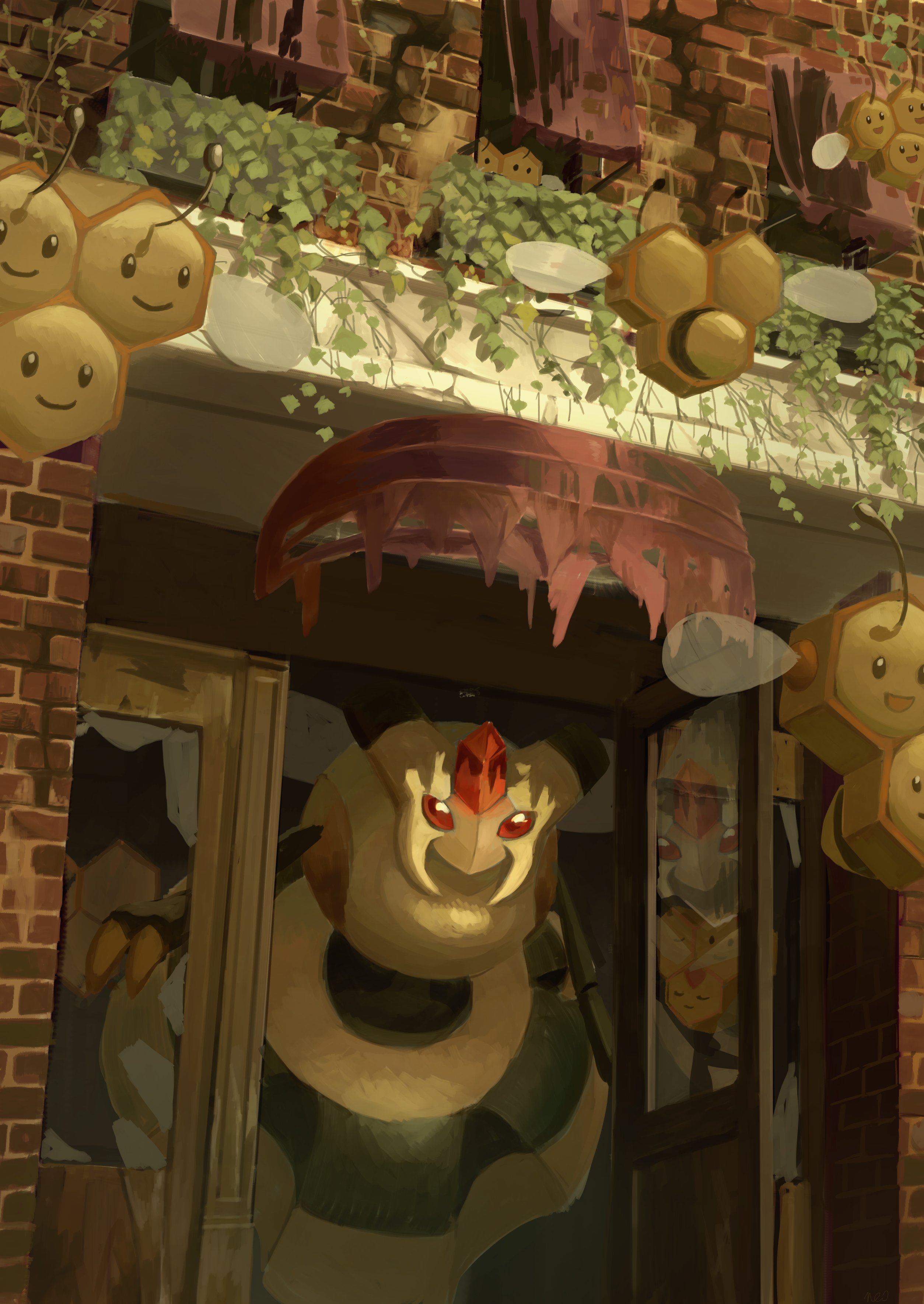absurdres brick_wall broken_window building closed_mouth combee commentary_request evolutionary_line flying gen_4_pokemon highres king_joe_(neoroto) nintendo no_humans plant pokemon pokemon_(creature) red_eyes reflection smile vespiquen vines