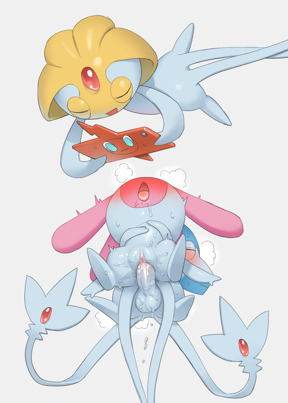1girl 2boys azelf closed_eyes forehead_jewel gen_4_pokemon hetero highres interspecies legendary_pokemon looking_at_another mesprit multiple_boys multiple_tails nintendo open_mouth penis pokemon pokemon_(creature) pussy recording rotom rotom_phone sex sex_from_behind smile sweat tail testicles tongue tosx uncensored uxie vaginal