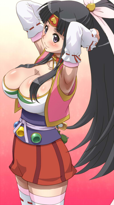 1girl areola_slip armpits arms_up awa black_hair blush breasts choker cleavage detached_sleeves female_focus headband large_breasts long_hair momo_kyun_sword momoko_(momokyun) ponytail purple_eyes smile solo thighhighs very_long_hair