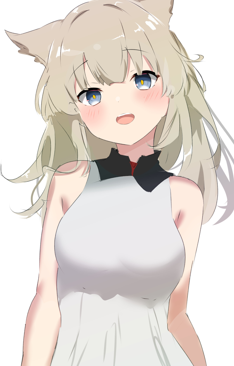 1girl animal_ears arknights arknights:_endfield bare_shoulders bird_ears blonde_hair blue_eyes blush breasts highres looking_at_viewer medium_breasts open_mouth perlica_(arknights) raifu_(rf) shirt simple_background sleeveless sleeveless_shirt solo upper_body white_background white_shirt yellow_pupils