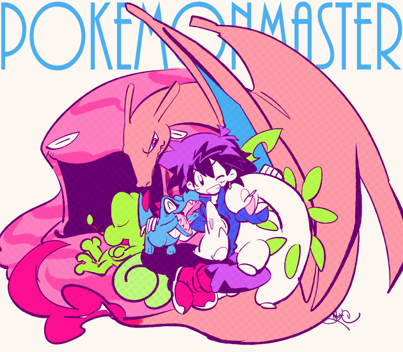 1boy ash_ketchum bayleef black_hair black_pants blue_jacket charizard commentary_request copyright_name creatures_(company) cyndaquil game_freak gen_1_pokemon gen_2_pokemon gen_3_pokemon grin jacket male_focus muk nintendo on_lap one_eye_closed pants pokemon pokemon_(anime) pokemon_(creature) pokemon_on_lap red_shoes sameyama_jiro shoes short_hair signature sitting smile totodile treecko white_background