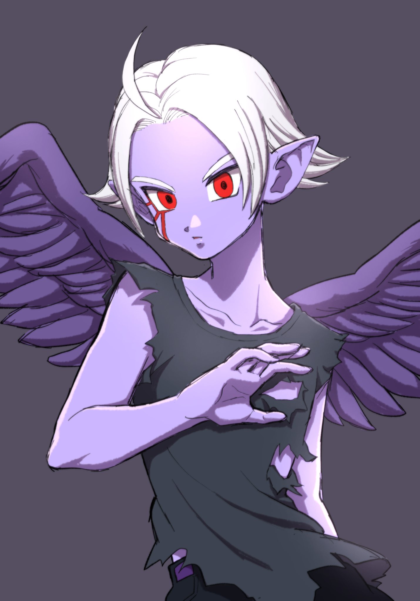 1boy aged_down ahoge alternate_form androgynous belt black_pants child collarbone colored_skin commentary_request demon_boy dragon_ball dragon_ball_heroes facial_mark feathered_wings floating_clothes fu_(dragon_ball) grey_background highres looking_at_viewer male_focus nxauto pants parted_hair parted_lips pointy_ears purple_belt purple_skin purple_wings red_eyes shirt short_hair sketch solo torn_clothes torn_shirt upper_body white_hair wings
