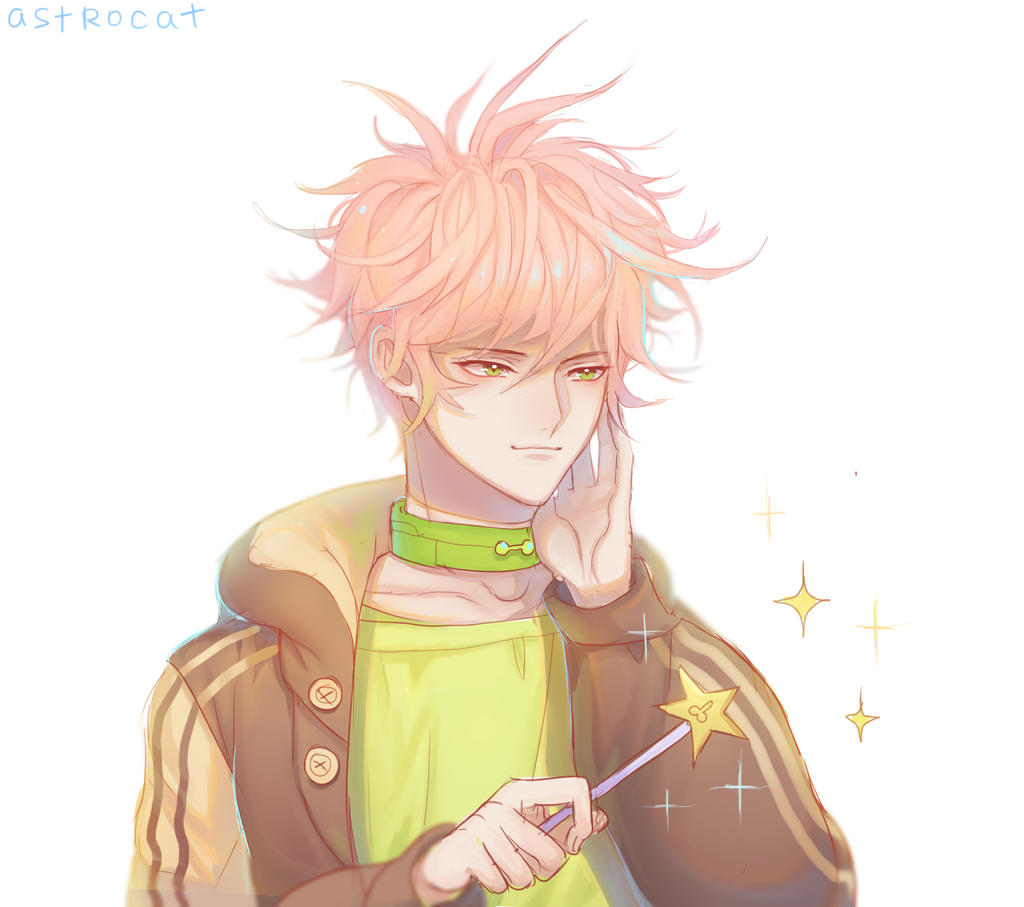 1boy artist_name astrocatsama black_jacket black_sleeves choker closed_mouth collarbone commentary english_commentary green_choker green_eyes green_shirt hand_on_own_cheek hand_on_own_face holding holding_wand jacket jersey light_smile long_sleeves looking_ahead male_focus messy_hair open_clothes open_jacket orange_hair original shirt short_hair simple_background solo sparkle two-tone_sleeves upper_body wand white_background white_sleeves