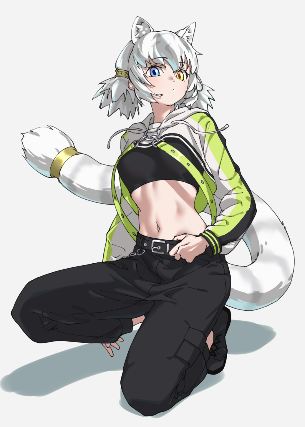 1girl alternate_costume animal_ears belt black_belt black_pants black_shoes blue_eyes breasts byakko_(kemono_friends) closed_mouth commentary crop_top cross-laced_footwear dot_mouth drawstring extra_ears full_body grey_background grey_hair hand_on_belt heterochromia highres hood hood_down hooded_shrug kemono_friends long_sleeves looking_at_viewer medium_breasts midriff multicolored_hair navel o-ring on_one_knee pants shoes shrug_(clothing) simple_background solo squatting tail tail_ornament tail_ring tanabe_(fueisei) tiger_ears tiger_girl tiger_tail two-tone_hair white_hair yellow_eyes