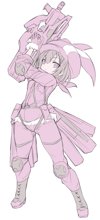 1girl animal_ears animal_hat arms_up ass black_boots boots breasts brown_hair bullpup cabbie_hat closed_mouth fake_animal_ears full_body fur-trimmed_gloves fur_trim gloves grey_eyes gun hair_between_eyes hat holding holding_gun holding_weapon jacket karukan_(monjya) lace-up_boots llenn_(sao) long_sleeves p90 pants pink_gloves pink_hat pink_jacket pink_pants rabbit_ears simple_background small_breasts solo standing submachine_gun sword_art_online sword_art_online_alternative:_gun_gale_online weapon white_background