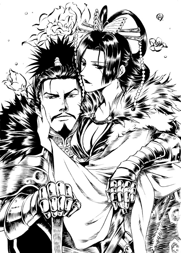 arm_around_shoulder armor beard breasts butterfly_hair_ornament cleavage eyelashes facial_hair fur_collar hair_ornament hand_on_another&#039;s_head husband_and_wife large_breasts lips lipstick makeup mole mole_under_mouth monochrome mustache nouhime oda_nobunaga parted_bangs sengoku_musou spiked_hair sword topknot weapon