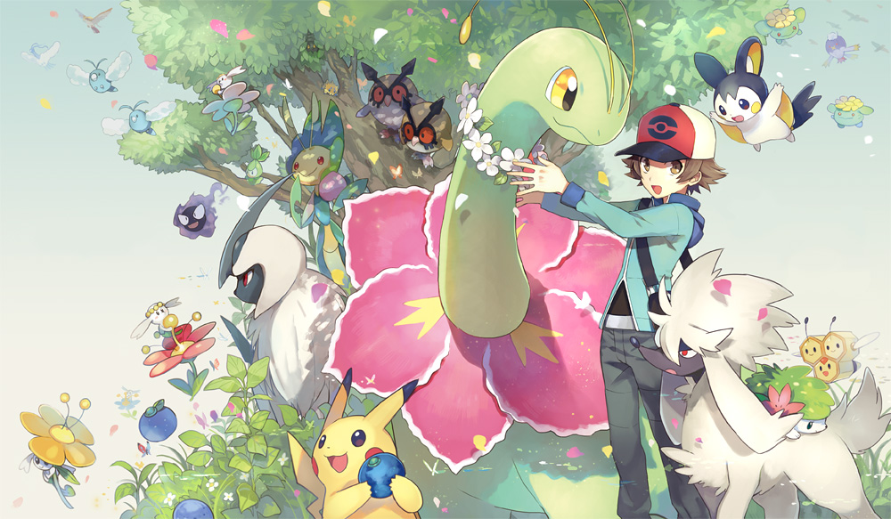 10s 1boy absol altaria bad_id bad_pixiv_id bag baseball_cap berry berry_(pokemon) brown_eyes brown_hair bug burmy burmy_(plant) butterfly combee emolga flabebe flabebe_(red_flower) flabebe_(white_flower) floette floette_(yellow_flower) flower food fruit furfrou furfrou_(natural) gastly gen_1_pokemon gen_2_pokemon gen_3_pokemon gen_4_pokemon gen_5_pokemon gen_6_pokemon hat hilbert_(pokemon) hoothoot hou_(ppo) insect jacket joltik leavanny legendary_pokemon looking_at_viewer meganium mythical_pokemon nature nintendo open_mouth petals petilil pidgeot pikachu pokemon pokemon_(creature) pokemon_bw riding riding_pokemon shaymin shaymin_(land) shoulder_bag skiploom sky swablu tree