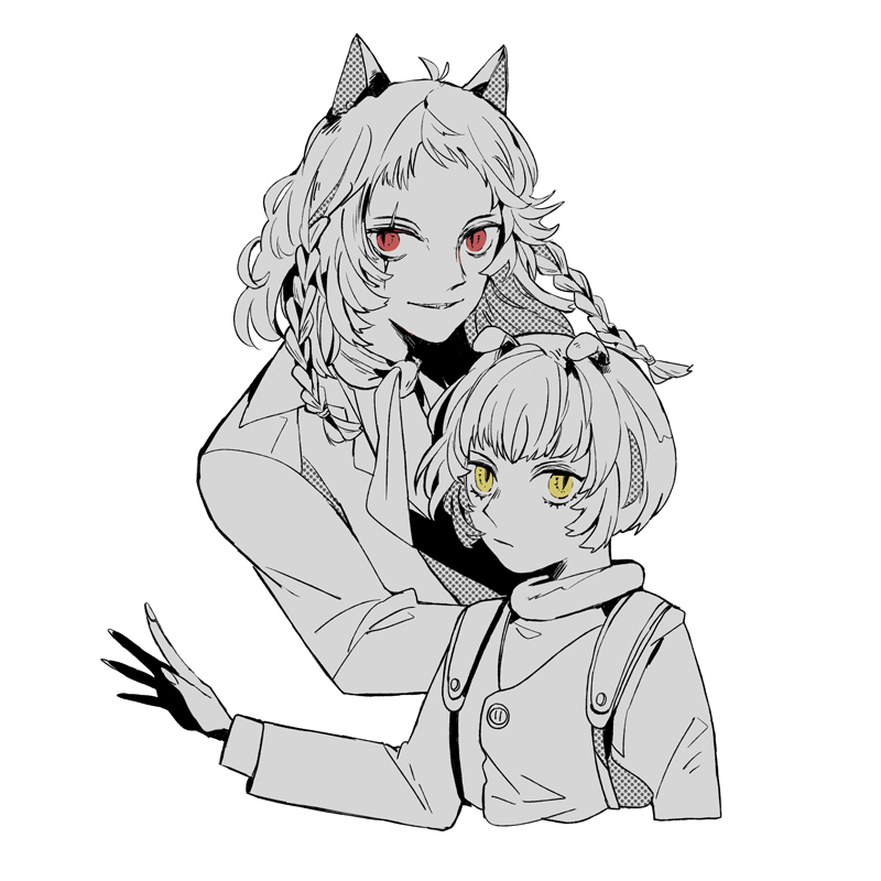 2boys :| animal_ears basilio_(metaphor:_refantazio) braid brothers closed_mouth coat collared_coat cropped_torso fidelio_(metaphor:_refantazio) fingernails folded_ear greyscale layered_sleeves long_sleeves looking_at_viewer male_focus medium_hair metaphor:_refantazio monochrome multiple_boys multiple_braids scar scar_across_eye scar_on_face scarf sharp_fingernails short_hair siblings side_braid simple_background slit_pupils smile spot_color syakkuri turtleneck white_background yellow_eyes