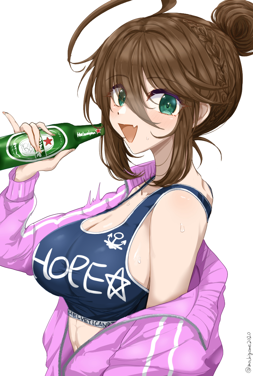ahoge alcohol beer blush braid breasts brown_hair chamumi_(mochiumee) cleavage clothes_writing female_admiral_(kancolle) green_eyes hair_bun heineken highres jacket kantai_collection looking_at_viewer open_clothes open_mouth pinky_out purple_track_suit sports_bra track_jacket upper_body