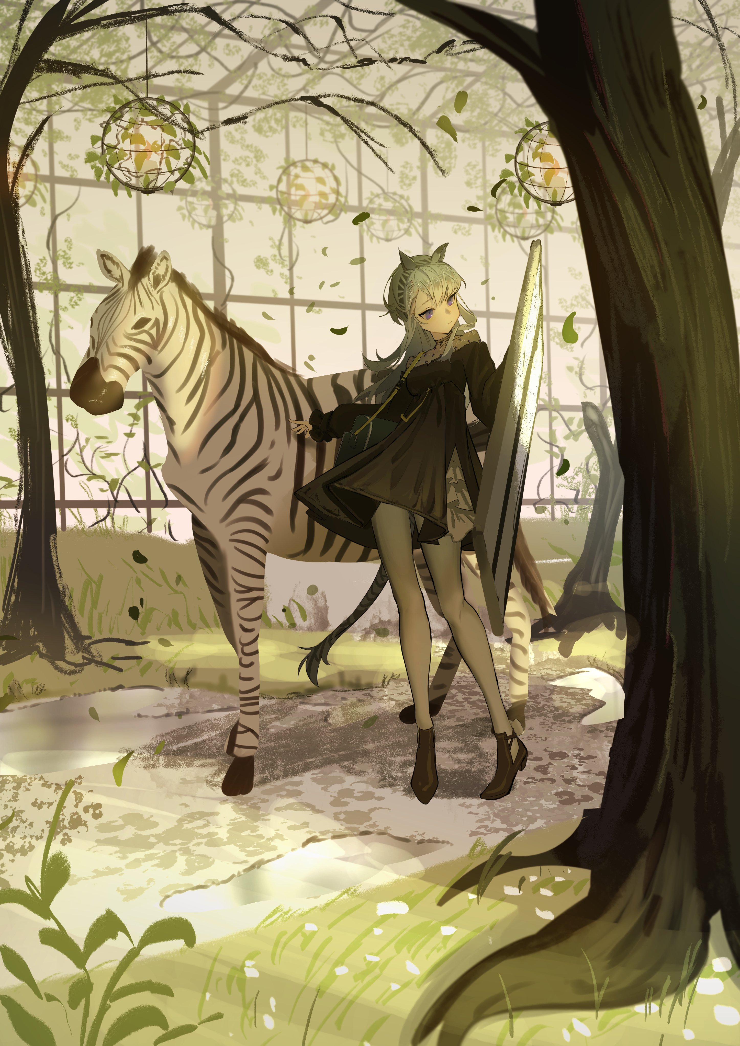 1girl absurdres animal animal_ears ankle_boots arknights bare_tree black_boots black_dress boots closed_mouth dress greenhouse grey_hair grey_pantyhose heavyrain_(arknights) heavyrain_(tranquil_moss)_(arknights) highres holding holding_shield horse_ears horse_girl horse_tail indoors long_hair long_sleeves natsuba002 official_alternate_costume pantyhose purple_eyes shield solo tail tree zebra