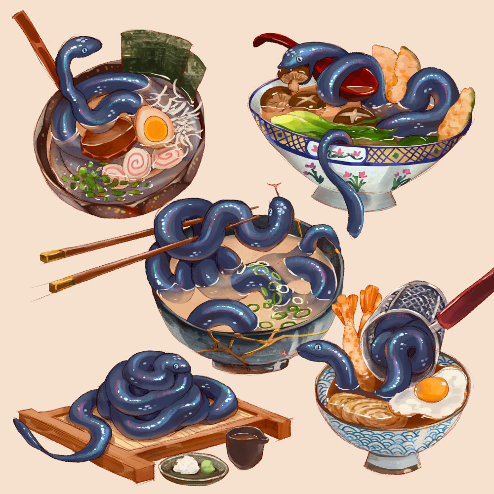 animal blue_eyes bowl chives chopsticks cup fangs food food_focus forked_eyebrows full_body in_bowl in_container in_food leaf mini-moss miso_soup mouth_hold multiple_views mushroom no_humans noodles original partially_submerged ramen scrambled_egg seigaiha shiitake shrimp shrimp_tempura simple_background slit_pupils snake soup spoon tempura tongue tongue_out wasabi yellow_background