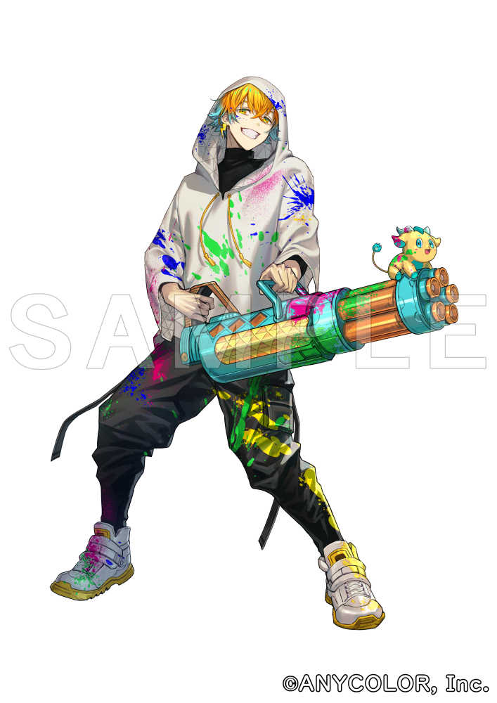 1boy amano_hana aqua_hair black_pants black_shirt commentary_request company_name copyright_notice crossed_bangs drawstring earrings gradient_hair grin gun hair_between_eyes holding holding_gun holding_weapon hood hood_up hoodie jewelry lightning_bolt_earrings lightning_bolt_symbol long_sleeves male_focus multicolored_hair nijisanji official_art orange_eyes orange_hair paint_gun paint_on_clothes paint_splatter paint_splatter_on_face pants sample_watermark shirt shoes short_hair simple_background single_earring smile solo standing teeth turtleneck usami_rito virtual_youtuber watermark weapon white_background white_hoodie white_shoes