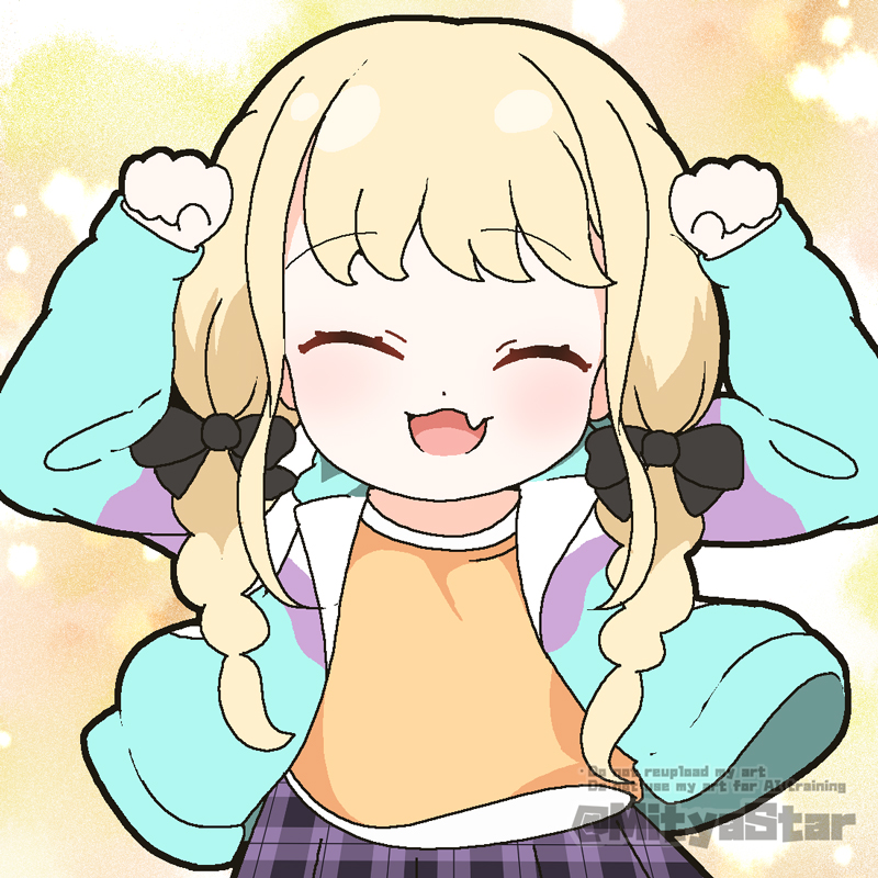 1girl :d ^_^ arms_up black_bow blonde_hair blue_jacket blush bow braid brown_shoes closed_eyes commentary_request english_text facing_viewer fang fujita_kotone gakuen_idolmaster hair_bow hair_over_shoulder idolmaster jacket long_hair long_sleeves low_twintails mitya open_clothes open_jacket open_mouth plaid_clothes plaid_skirt puffy_long_sleeves puffy_sleeves purple_skirt shoes skirt smile solo twin_braids twintails twitter_username very_long_hair watermark