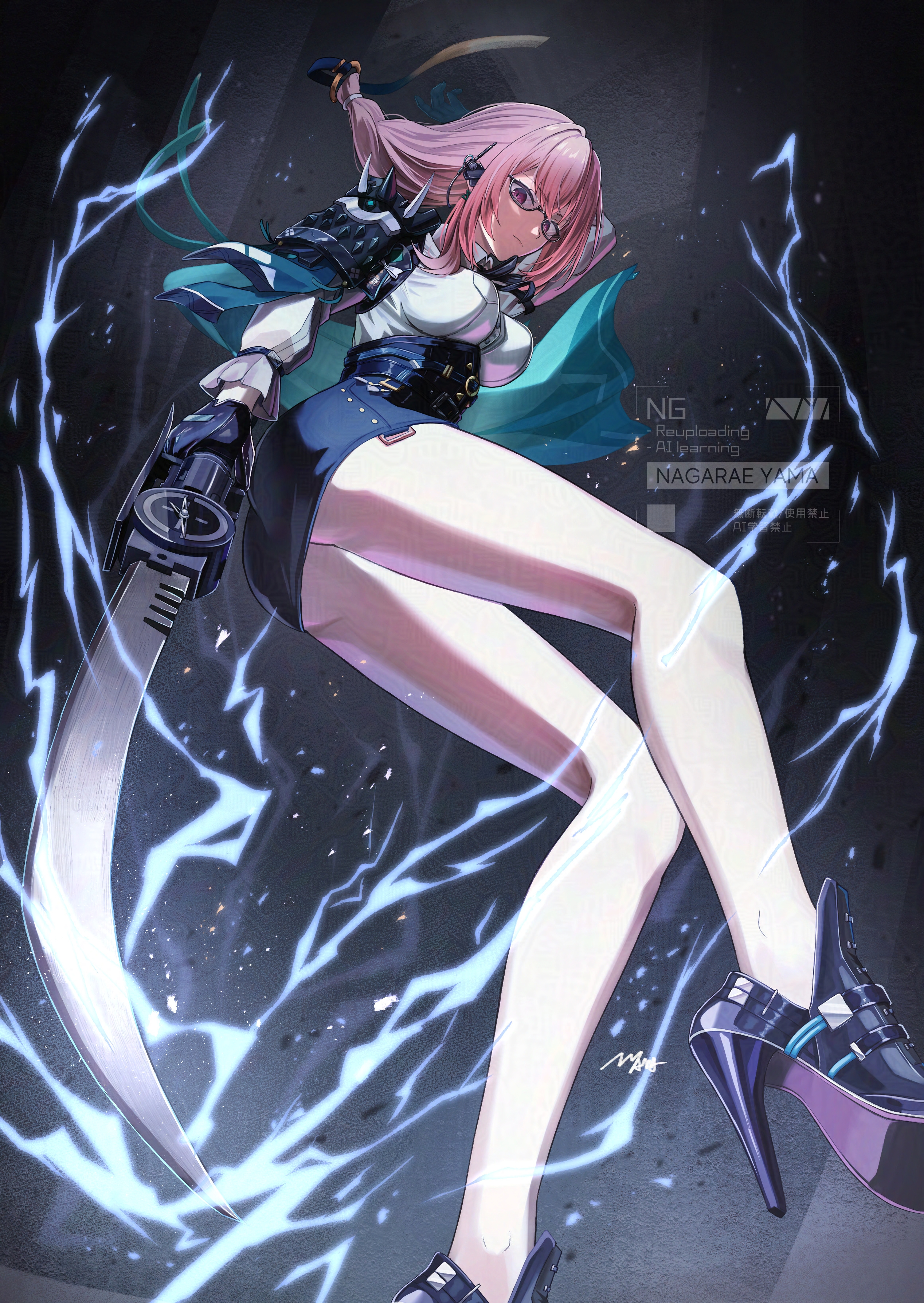 1girl absurdres black_gloves black_skirt closed_mouth dress_shirt full_body glasses gloves hair_between_eyes high-waist_skirt high_heels highres holding holding_polearm holding_weapon lightning long_hair looking_at_viewer nagae_yama naginata pencil_skirt pink_eyes pink_hair polearm ring_hair_ornament serious shirt sidelocks skirt solo tsukishiro_yanagi weapon white_shirt zenless_zone_zero