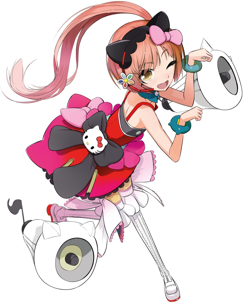 1girl animal_ears bare_arms black_bow boots bow cat_ears dress eyes_visible_through_hair fake_animal_ears from_above hair_bow hello_kitty hello_kitty_(character) looking_at_viewer megaphone nekomura_iroha nekomura_iroha_(vocaloid4) official_art okama one_eye_closed open_mouth paw_pose pink_bow pink_hair red_dress sanrio side_ponytail simple_background sleeveless sleeveless_dress smile solo thigh_boots third-party_source vocaloid white_background white_boots white_bow yellow_eyes