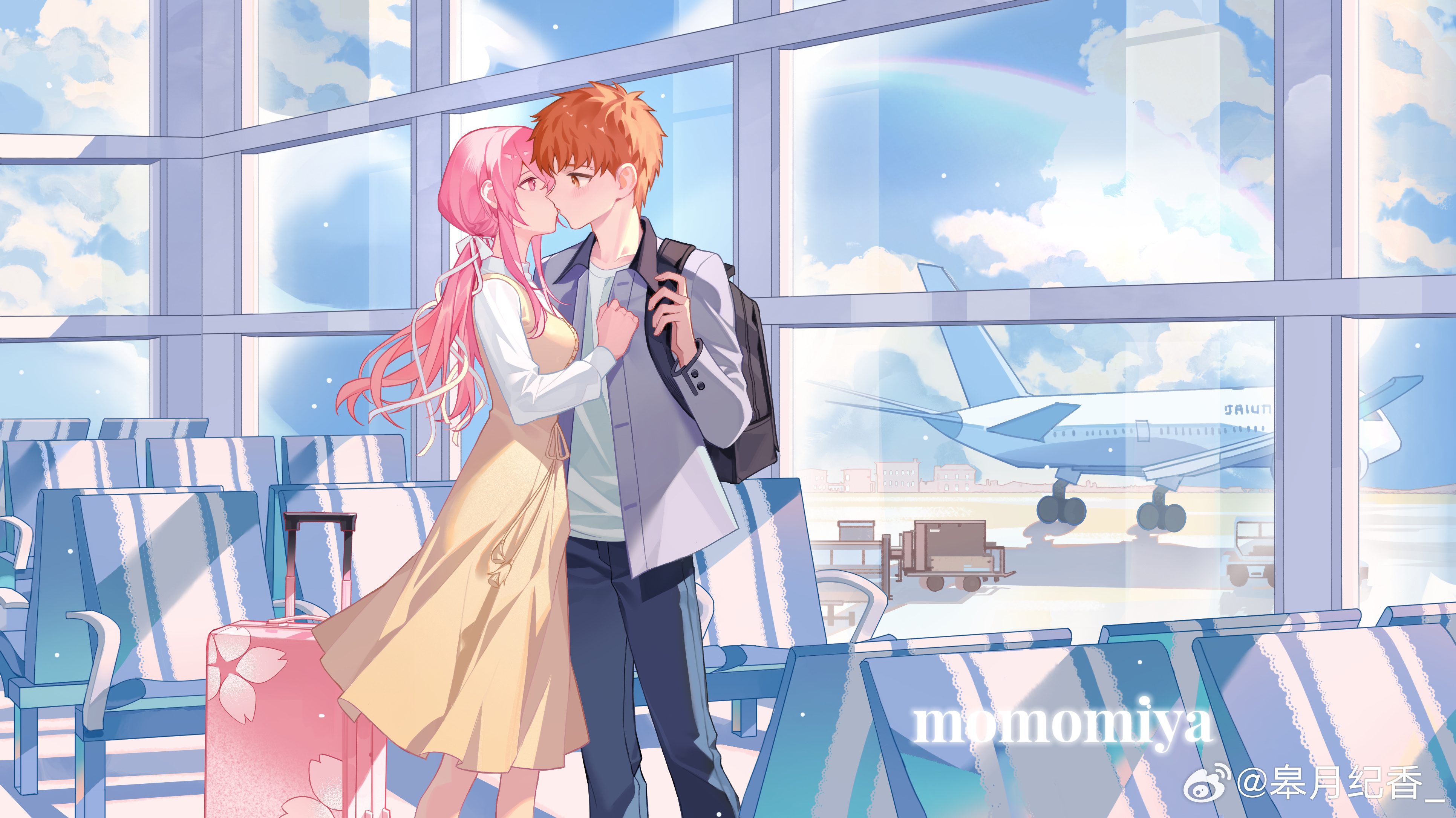 1boy 1girl absurdres aircraft airplane airport blush bow breasts collared_shirt couple dress emiya_shirou fate/stay_night fate_(series) french_kiss gaoyue_jixiang hair_bow hair_ornament hetero highres hug igote jacket jet_airliner kiss kissing_forehead long_hair long_sleeves oc_x_canon orange_hair original pink_eyes pink_hair red_hair ribbon rolling_suitcase runway shirt skirt smile suitcase surprise_kiss surprised twintails yellow_dress yellow_eyes