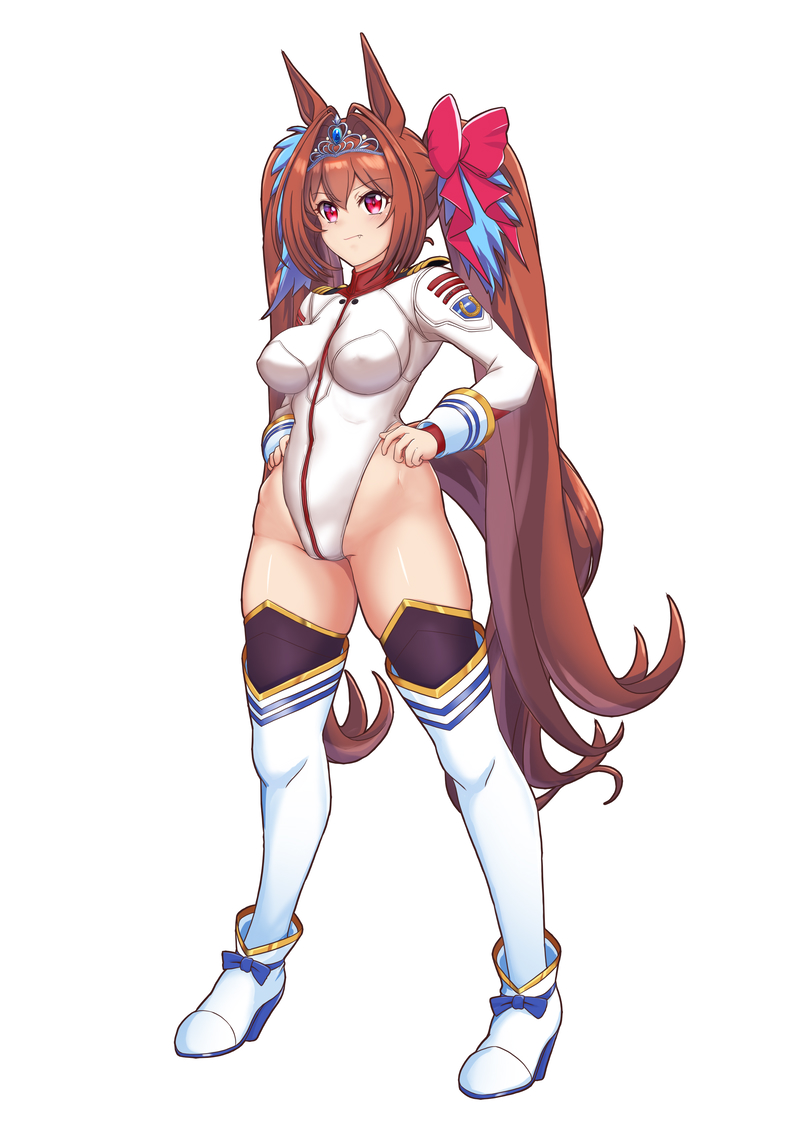 1girl animal_ears breasts brown_hair closed_mouth collar competition_swimsuit cosplay daiwa_scarlet_(umamusume) full_body hair_intakes hair_tie hand_on_own_hip horse_ears horse_girl horse_tail kantai_collection large_breasts long_hair moke_ro one-piece_swimsuit purple_eyes simple_background solo standing swimsuit tail thighhighs tiara trait_connection twintails uchuu_senkan_yamato uchuu_senkan_yamato_2199 umamusume very_long_hair white_background white_one-piece_swimsuit white_thighhighs yamato_(kancolle) yamato_(kancolle)_(cosplay)