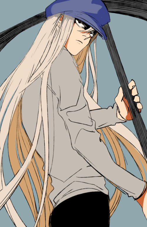 1boy hat holding holding_weapon hunter_x_hunter kilva_lollop kite_(hunter_x_hunter) long_hair long_sleeves male_focus scythe shaded_face simple_background solo sweater very_long_hair weapon white_hair
