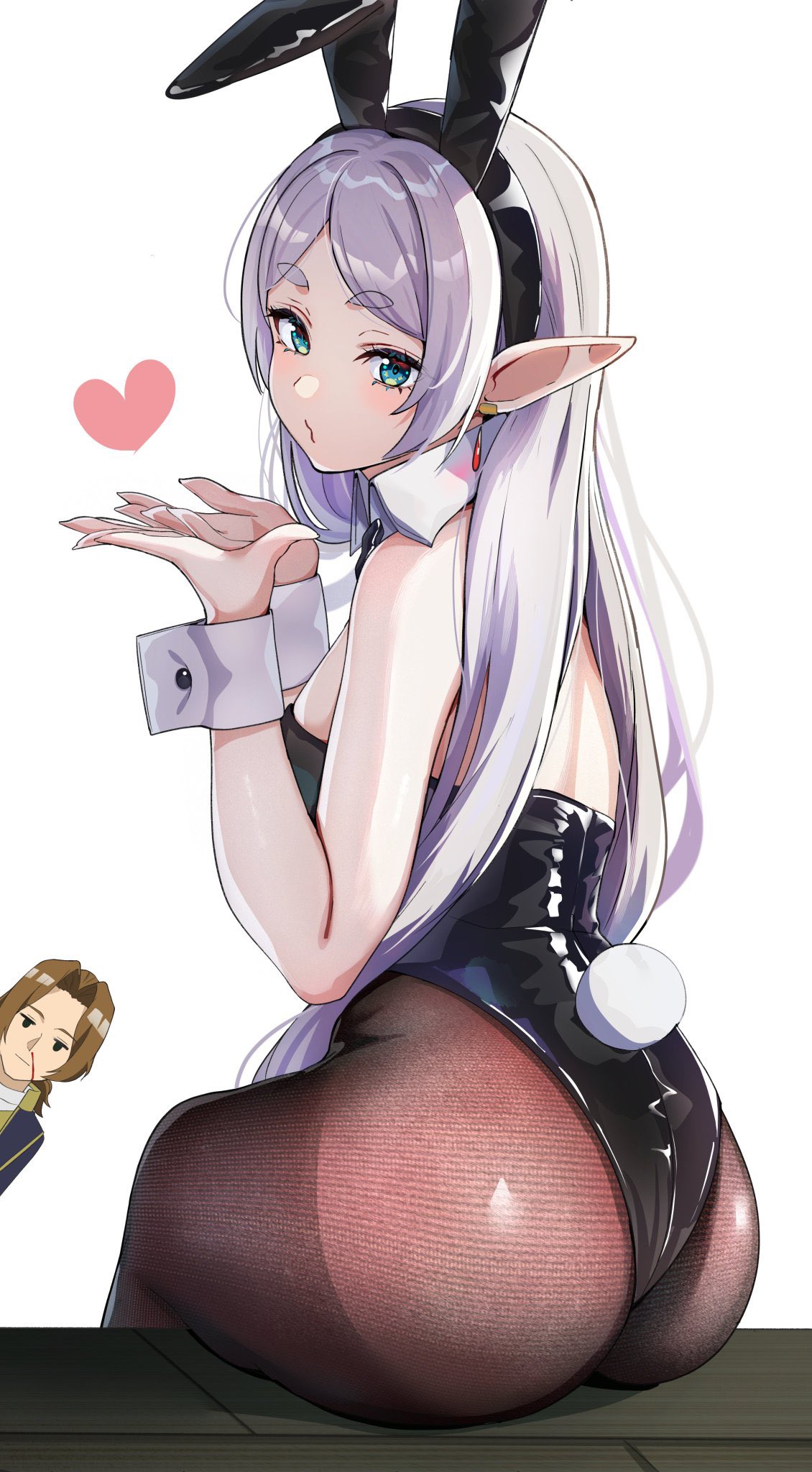1boy 1girl alternate_costume animal_ears ass black_leotard breasts commentary_request elf fake_animal_ears fake_tail frieren frieren_blowing_a_kiss from_behind green_eyes hair_down heart highres leotard long_hair looking_at_viewer pantyhose playboy_bunny pointy_ears rabbit_ears rabbit_tail sein_(sousou_no_frieren) simple_background small_breasts solo_focus sousou_no_frieren tail white_background yami_anko