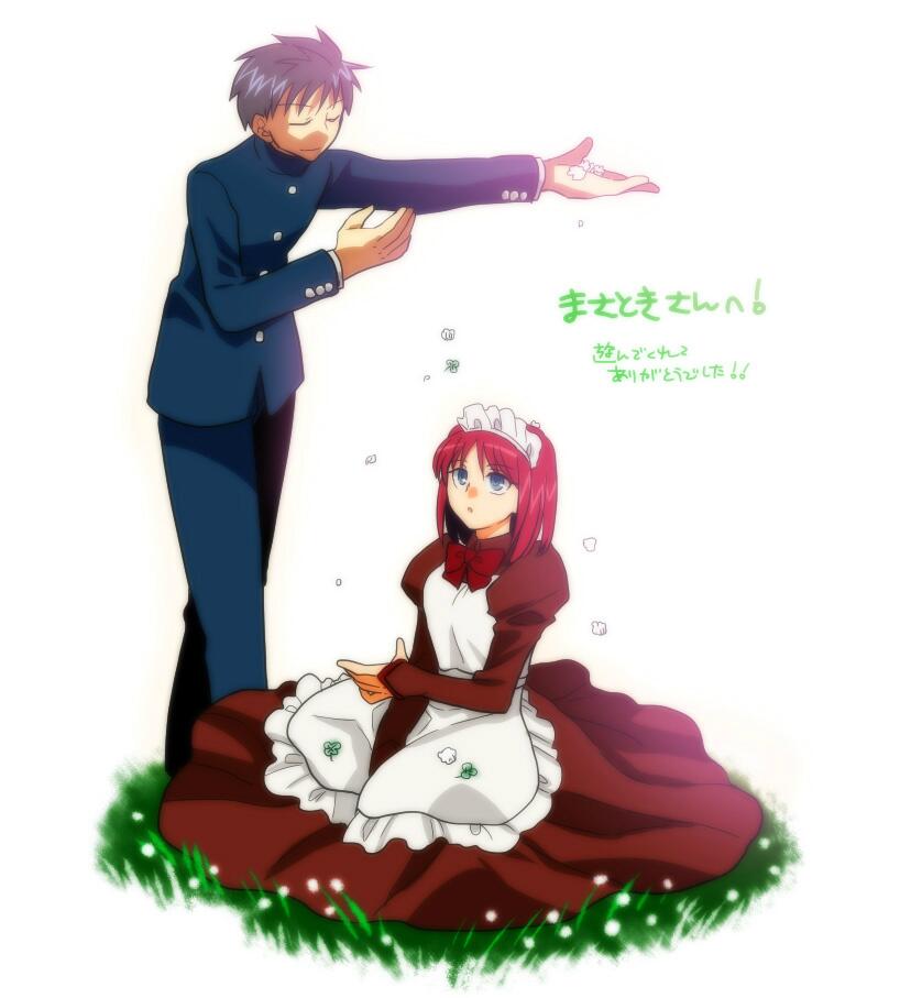 00s 1boy 1girl akariya_kuubu apron black_hair blue_eyes closed_eyes gakuran hisui_(tsukihime) kneeling maid maid_apron maid_headdress melty_blood nanaya_shiki petals red_hair ribbon school_uniform short_hair smile tohno_shiki tsukihime