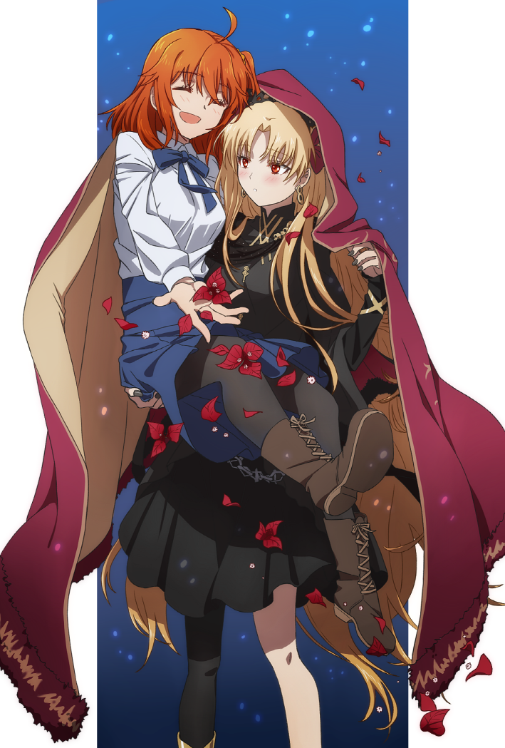 2girls ahoge black_dress blonde_hair boots bougainvillea_(flower) breasts cloak closed_eyes dress ereshkigal_(fate) ereshkigal_(third_ascension)_(fate) fate/grand_order fate_(series) flower fujimaru_ritsuka_(female) fujimaru_ritsuka_(female)_(anniversary_blonde) hair_ornament hair_scrunchie hood hooded_cloak implied_yuri lace-up_boots long_hair medium_breasts multiple_girls oiun one_side_up open_mouth orange_hair pantyhose parted_bangs red_eyes scrunchie short_hair smile two_side_up