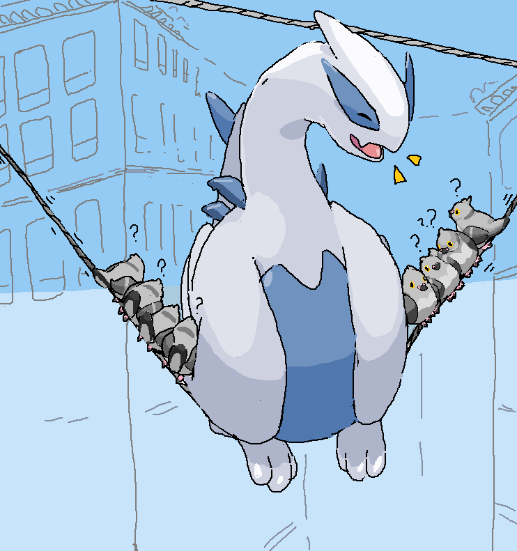 :d ? ambiguous_gender animal_focus bird closed_eyes commentary confused dragon english_commentary for_the_birds game_freak gen_2_pokemon gen_5_pokemon legendary_pokemon level5pencil lugia microsoft_paint_(medium) nintendo no_humans open_mouth outdoors perching pidove pixar pokemon pokemon_(creature) power_lines smile solo_focus tail tongue western_dragon wyvern yellow_eyes