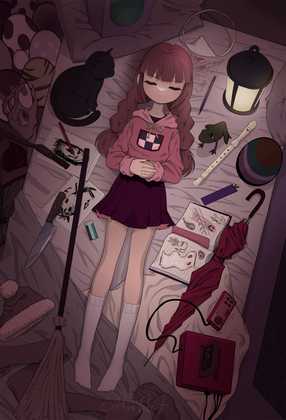 1girl bed_sheet black_cat blood blood_splatter blunt_bangs bookmark braid broom brown_hair cat clarinet closed_eyes commentary controller disembodied_hand egg eraser extra_eyes flute frog full_body game_console hat highres hood hoodie indoors instrument ittan-momen kasei-san knife kyukkyu-kun lamp long_hair long_sleeves lying madotsuki medamaude nes no_shoes notebook object_request on_back on_bed own_hands_clasped own_hands_together paper pen pencil pillow pink_hoodie pink_scarf pleated_skirt poniko recorder red_skirt santa_hat scarf sekomumasada_sensei signature skirt socks takofuusen twin_braids uboa umbrella unworn_scarf white_socks woraya_chotikul yume_nikki