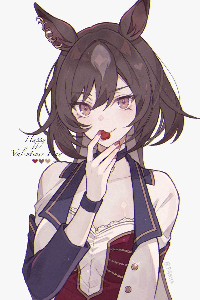 1girl animal_ears brown_hair ear_covers english_text hair_between_eyes hand_to_own_mouth hand_up happy_valentine heart horse_ears horse_girl long_hair long_sleeves multicolored_hair nail_polish red_eyes red_nails satsuki_(miicat) simple_background single_ear_cover sirius_symboli_(umamusume) solo starting_future_(umamusume) twitter_username two-tone_hair umamusume upper_body white_background wristband