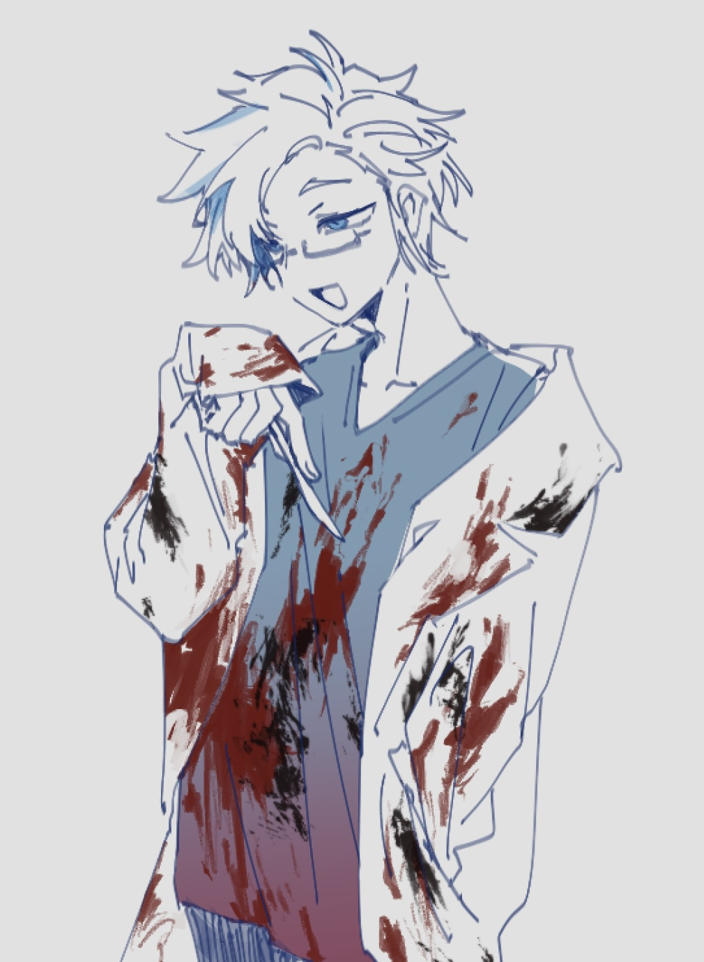 1boy blood blood_on_clothes blue_eyes blue_shirt coat commentary_request cowboy_shot glasses highres holding_scalpel kanou_aogu long_sleeves male_focus open_clothes open_coat open_mouth partially_colored poka_(user_kypt4454) rectangular_eyewear saibou_shinkyoku semi-rimless_eyewear shirt short_hair smile solo v-neck
