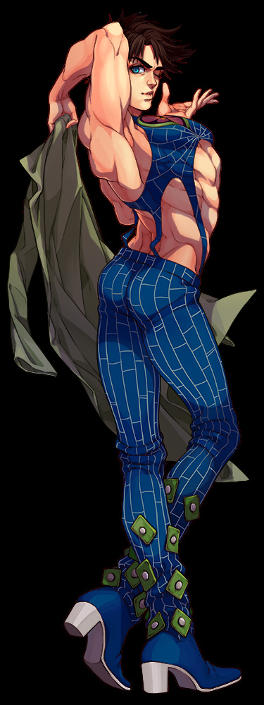 1boy abs banysun battle_tendency biceps blue_eyes brown_hair butterfly_ornament cosplay crossdressing crossdressing_(mtf) halterneck heart holding holding_jacket holding_unworn_clothes jacket jojo_no_kimyou_na_bouken joseph_joestar joseph_joestar_(young) kujo_jolyne_(cosplay) kuujou_jolyne male_focus midriff one_eye_closed solo spider_web_print unworn_jacket
