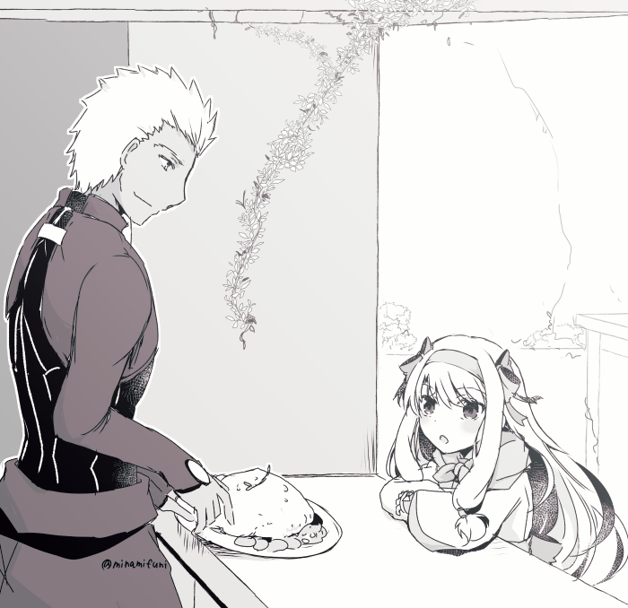 1boy 1girl ainu_clothes archer_(fate) commentary_request dark-skinned_male dark_skin fate/grand_order fate_(series) food hairband limited_palette long_hair low-tied_sidelocks minafuni monochrome plate sidelocks sitonai_(fate) smile table twitter_username