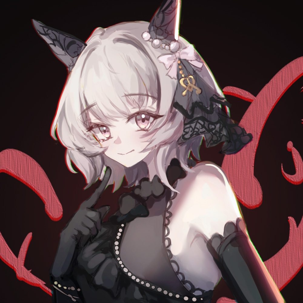 1girl animal_ears armpit_crease asa_achen bare_shoulders black_background black_dress black_gloves bow chinese_commentary commentary curren_chan_(sakutsuki_ma_cherie)_(umamusume) curren_chan_(umamusume) detached_sleeves dress frilled_dress frilled_headwear frills gloves hair_bow headdress horse_ears index_finger_raised looking_at_viewer looking_to_the_side official_alternate_costume pink_eyes pointing pointing_at_self smile solo turning_head umamusume upper_body white_bow white_hair