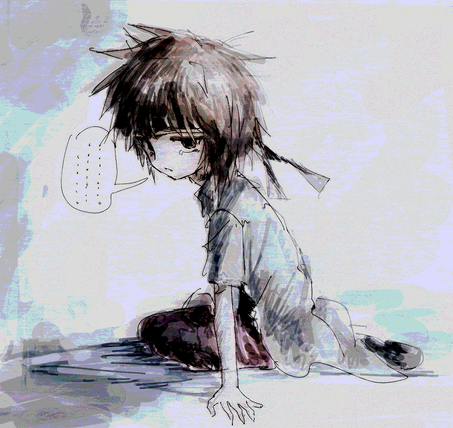 ... 1other androgynous atoymk bare_arms black_eyes black_headband brown_hair coattails collared_jacket full_body grey_background grey_jacket hand_on_ground headband jacket kneeling kurohebi len&#039;en open_clothes open_jacket other_focus pants parted_lips red_pants shadow short_hair short_sleeves solo spoken_ellipsis tearing_up