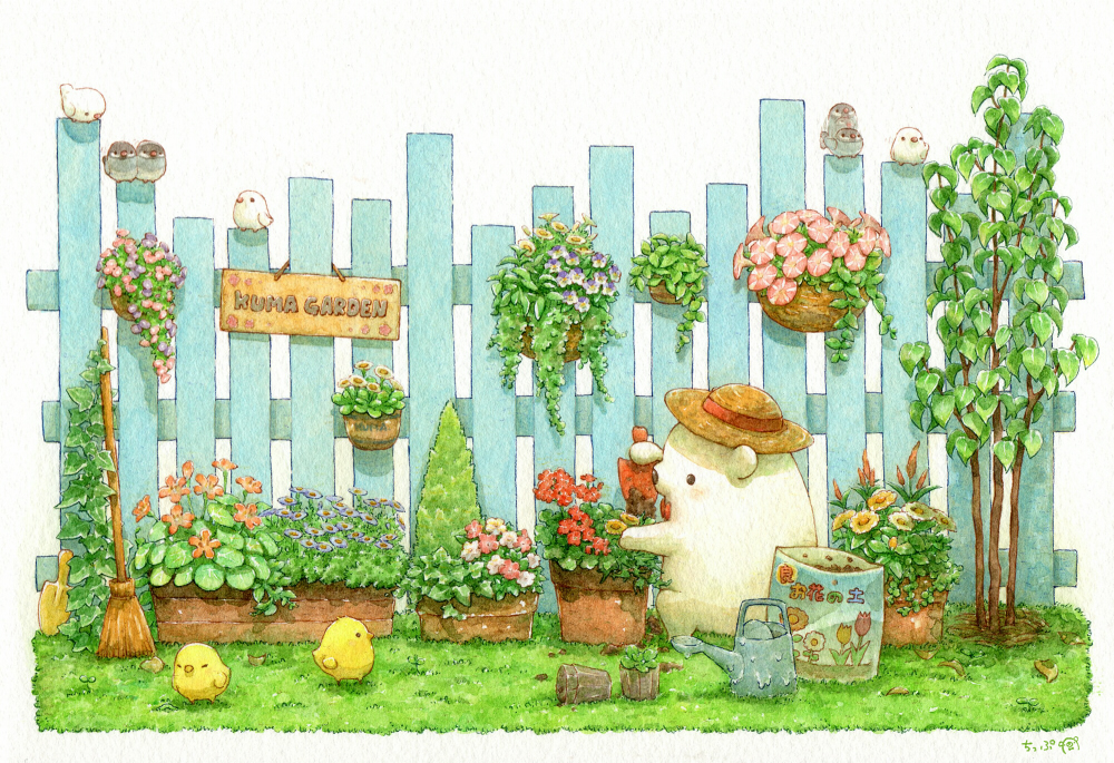 artist_name bag bear bird broom chick colored_pencil fence finch flower_pot garden grass hat java_sparrow no_humans original painting_(medium) pencil plant potted_plant signature simple_background st.kuma straw_hat traditional_media trowel watercolor_(medium) watering_can white_background white_java_sparrow wooden_fence