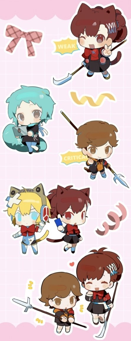 1boy 3girls aigis_(persona) amada_ken animal_ears aqua_hair armband blonde_hair bow bowtie brown_hair chibi closed_eyes computer gekkoukan_high_school_uniform hair_ornament hairclip heart holding holding_laptop holding_polearm holding_weapon kemonomimi_mode laptop multiple_girls multiple_views naginata one_eye_closed open_mouth persona persona_3 persona_3_portable polearm red_armband red_bow red_bowtie school_uniform shiomi_kotone short_hair simple_background smile tail tonk10181 v weapon yamagishi_fuuka