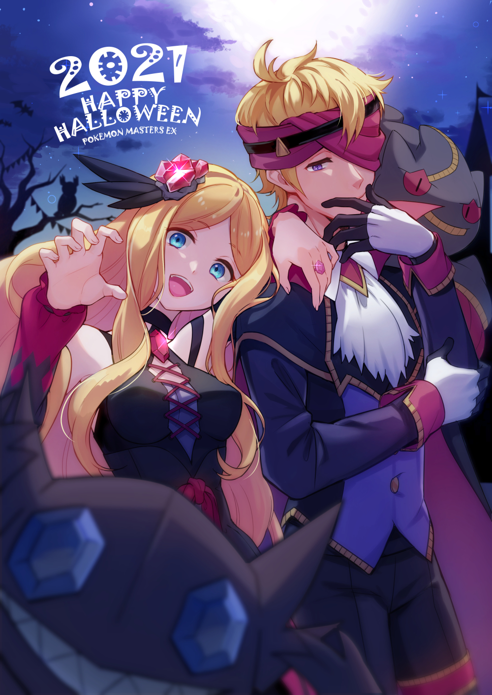 1boy 1girl 2021 banette bare_shoulders blonde_hair blue_eyes caitlin_(fall_2021)_(pokemon) caitlin_(pokemon) chen_(1717) closed_mouth cloud commentary_request copyright_name detached_sleeves game_freak gen_1_pokemon gen_2_pokemon gen_3_pokemon gloves hair_ornament hand_up happy_halloween highres long_hair long_sleeves mega_banette mega_pokemon morty_(fall_2021)_(pokemon) morty_(pokemon) night nintendo noctowl official_alternate_costume outdoors pokemon pokemon_(creature) pokemon_masters_ex purple_eyes sableye short_hair sidelocks sky zubat