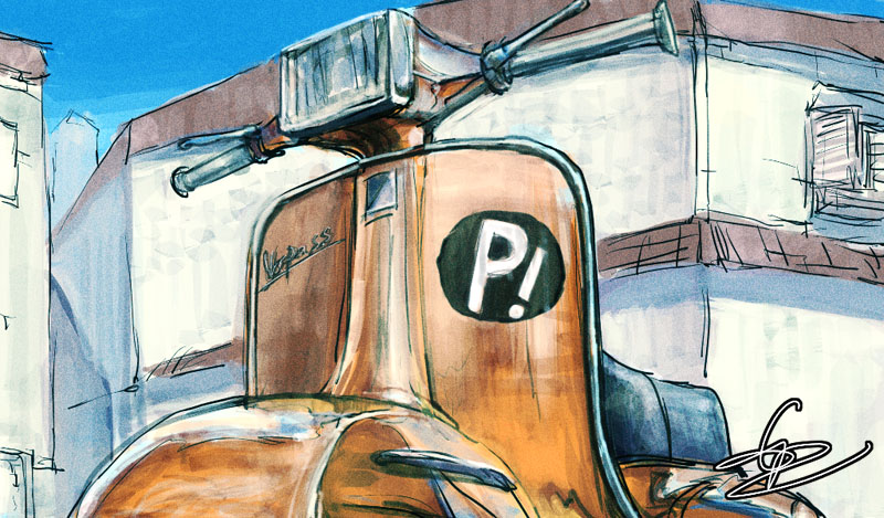 commentary cwind day english_commentary flcl motor_vehicle motorcycle no_humans outdoors scenery scooter signature still_life vehicle_focus vespa