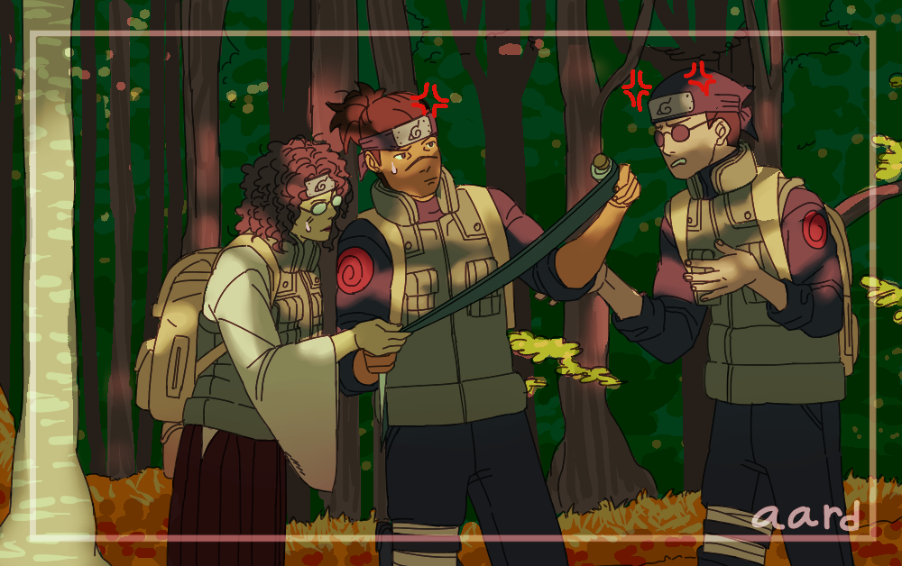 1girl 2boys aard anger_vein artist_name backpack bag bandana black_hair brown_hair curly_eyebrows curly_hair ebisu_(naruto) facial_mark forehead_protector forest glasses high_ponytail konohagakure_symbol long_sleeves medium_hair multiple_boys naruto_(classic) naruto_(series) nature ninja outdoors ponytail round_eyewear scar scar_on_face short_hair sunglasses suzume_(naruto) teeth umino_iruka uzumaki_symbol