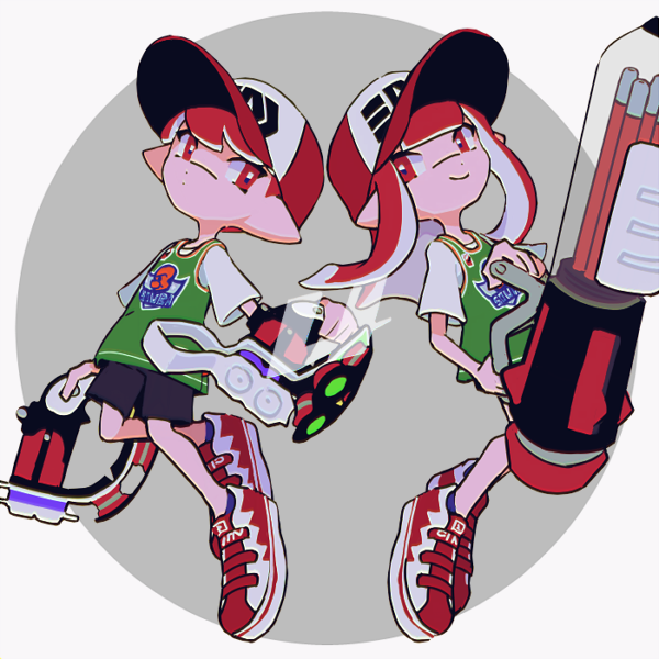 1boy 1girl ballpoint_splatling_(splatoon) baseball_cap black_shorts commentary hat holding imaikuy0 inkling inkling_boy inkling_girl inkling_player_character jersey long_hair nintendo pointy_ears red_eyes red_hair shirt shoes short_hair short_sleeves shorts smile splatoon_(series) symbol-only_commentary tentacle_hair tetra_dualies_(splatoon) white_shirt