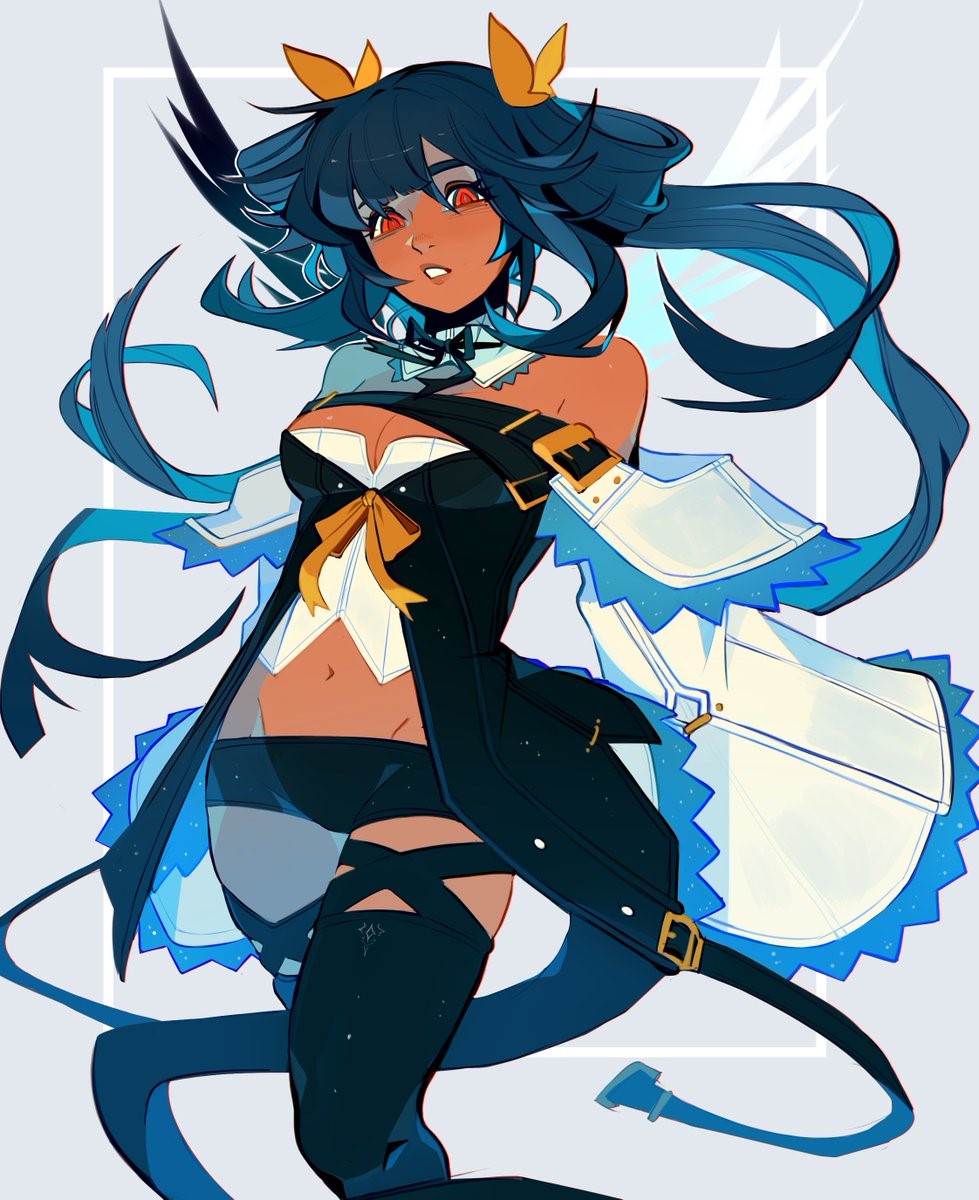 1girl bare_shoulders blue_hair borcheim dizzy_(guilty_gear) dress guilty_gear guilty_gear_xrd hair_tie hairband highres looking_at_viewer navel nose red_eyes short_shorts shorts tan twintails white_background