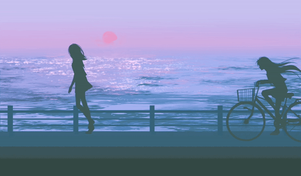 2girls animated animated_gif bicycle bicycle_basket commentary_request floating_hair long_hair miniskirt multiple_girls nnightcruising ocean original outdoors pleated_skirt purple_sky railing riding riding_bicycle school_uniform shoes short_sleeves silhouette skirt sky sun sunset uwabaki very_long_hair walking