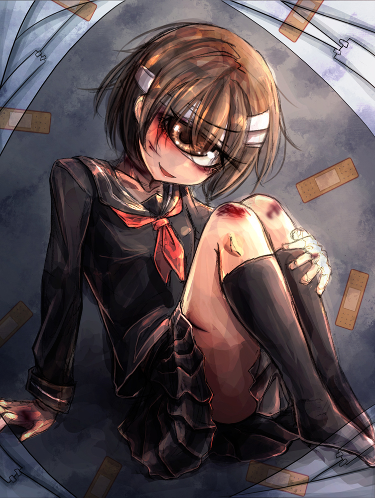 1girl bandaged_head bandages bandaid beaten black_serafuku black_skirt black_socks blood brown_eyes brown_hair bruise cyclops female_focus head_tilt hitomebore injury kneehighs knees_to_chest looking_at_viewer monster_girl no_shoes official_art one-eyed open_mouth original ray-k school_uniform scrape scraped_knee serafuku short_hair sitting skirt smile socks solo usui_sachi