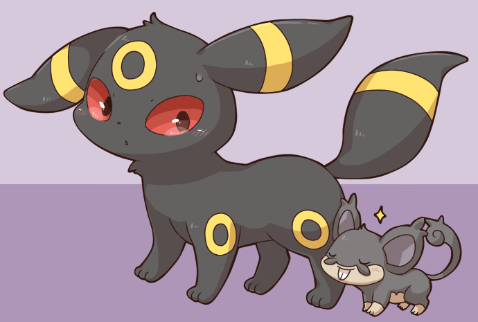 2027_(submarine2027) :o alolan_form alolan_rattata blush buck_teeth closed_eyes closed_mouth commentary_request gen_2_pokemon gen_7_pokemon looking_at_another nintendo no_humans parted_lips pokemon pokemon_(creature) purple_background red_eyes simple_background smile sparkle sweatdrop teeth two-tone_background u_u umbreon