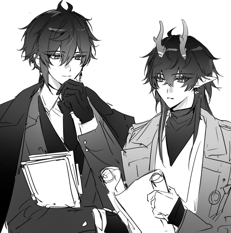 2boys alternate_costume dan_heng_(honkai:_star_rail) dan_heng_(imbibitor_lunae)_(honkai:_star_rail) dragon_horns genshin_impact greyscale hamtaru542899 height_difference honkai:_star_rail honkai_(series) horns monochrome mors_gn multiple_boys pointy_ears twitter white_background zhongli_(archon)_(genshin_impact) zhongli_(genshin_impact)