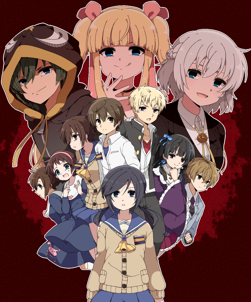 4boys 6+girls :p ahoge alternate_hair_color bib black_hair black_hoodie black_jacket black_pants blazer blonde_hair blood blood_splatter blue_dress blue_eyes blue_shirt blue_skirt breasts brown_eyes brown_hair cardigan character_request child collared_shirt corpse_party dress dress_shirt everyone frilled_sleeves frills gakuran green_eyes green_hair grey_jacket hair_ornament hair_ribbon hairband hairpin hand_on_own_cheek hand_on_own_face highres hood hoodie itukik jacket jewelry kishinuma_yoshiki long_hair long_sleeves looking_at_viewer medium_breasts messy_hair mochida_satoshi mochida_yuka multicolored_hair multiple_boys multiple_girls nakashima_naomi neck_ribbon neckerchief necklace necktie open_mouth pants pendant pink_headwear pleated_skirt purple_dress red_background red_neckwear red_shirt ribbon scared school_uniform serafuku shinozaki_ayumi shirt short_hair short_twintails silver_hair skirt smile socks streaked_hair tagme tearing_up tears tongue tongue_out twintails unbuttoned unbuttoned_shirt undershirt white_legwear white_neckwear white_shirt yellow_neckwear