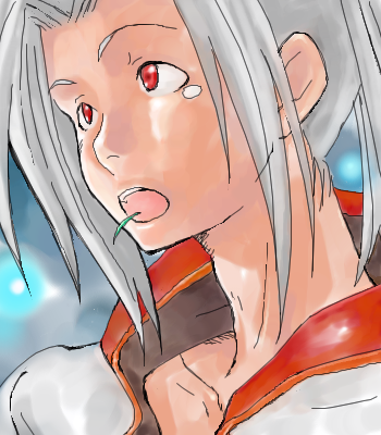 1boy blue_background commentary_request grey_hair koma_mama leaf_in_mouth long_hair looking_afar lowres male_focus monk_(ragnarok_online) open_mouth portrait ragnarok_online red_eyes shirt solo upper_body white_shirt