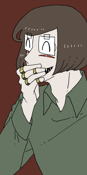 1boy akaiti brown_background brown_hair covering_own_mouth extra_eyes hand_over_own_mouth hand_up jewelry luther_von_ivory male_focus multiple_rings randal&#039;s_friends ring sharp_teeth short_hair simple_background solo taped_note teeth upper_body