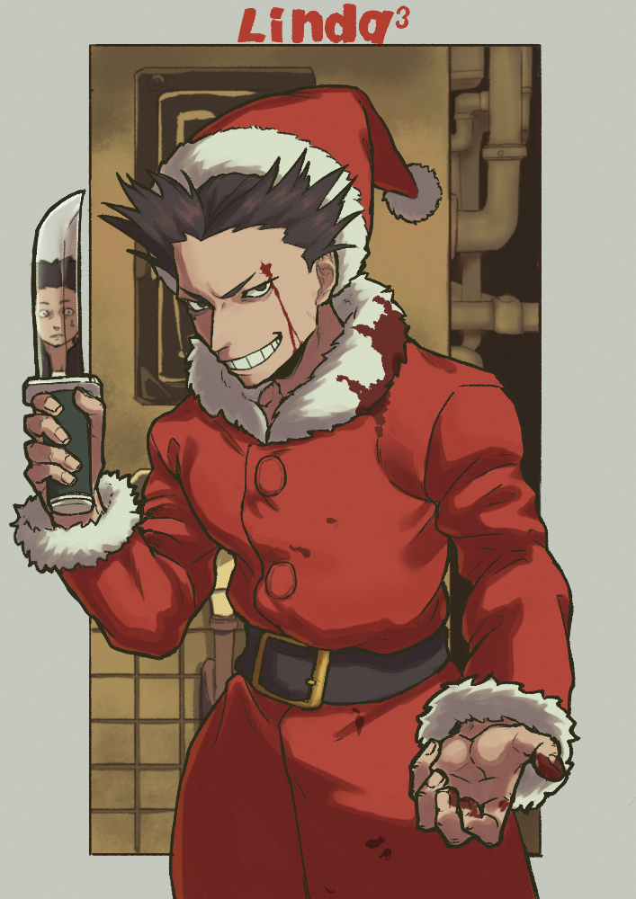 1boy belt black_hair bleeding blood blood_on_face copyright_name grin holding holding_knife kamomasaki ken_(linda_cube) knife linda_cube neku_(linda_cube) industrial_pipe reflection santa_costume smile solo