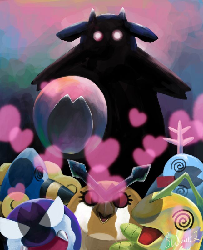 1990s_(style) attract_(pokemon) bayleef bwmk2 footprints gameplay_mechanics gastly gen_1_pokemon gen_2_pokemon heart hoothoot mareep miltank nintendo no_humans pokemon pokemon_(creature) pokemon_gsc pokemon_move retro_artstyle tears wooper you_gonna_get_raped